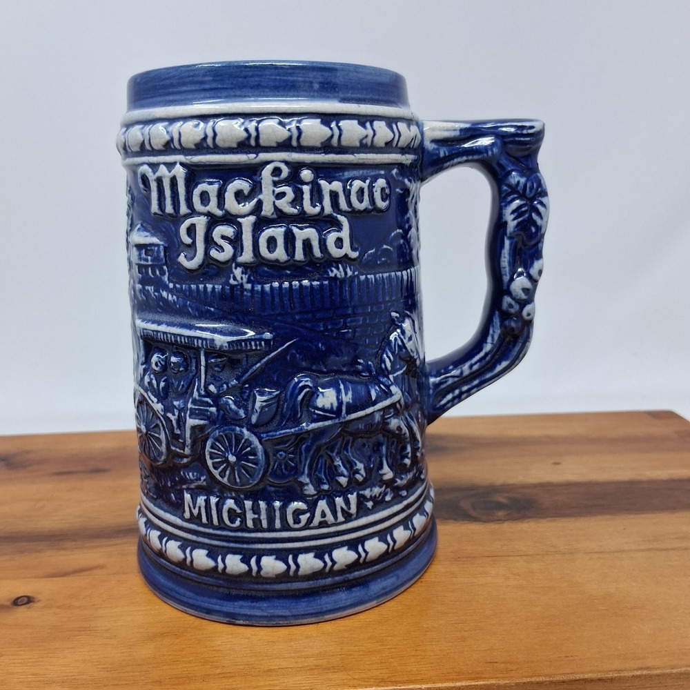 Mackinac Island Michigan Blue White Stoneware Beer Stein Horse Carriage Mug 5"